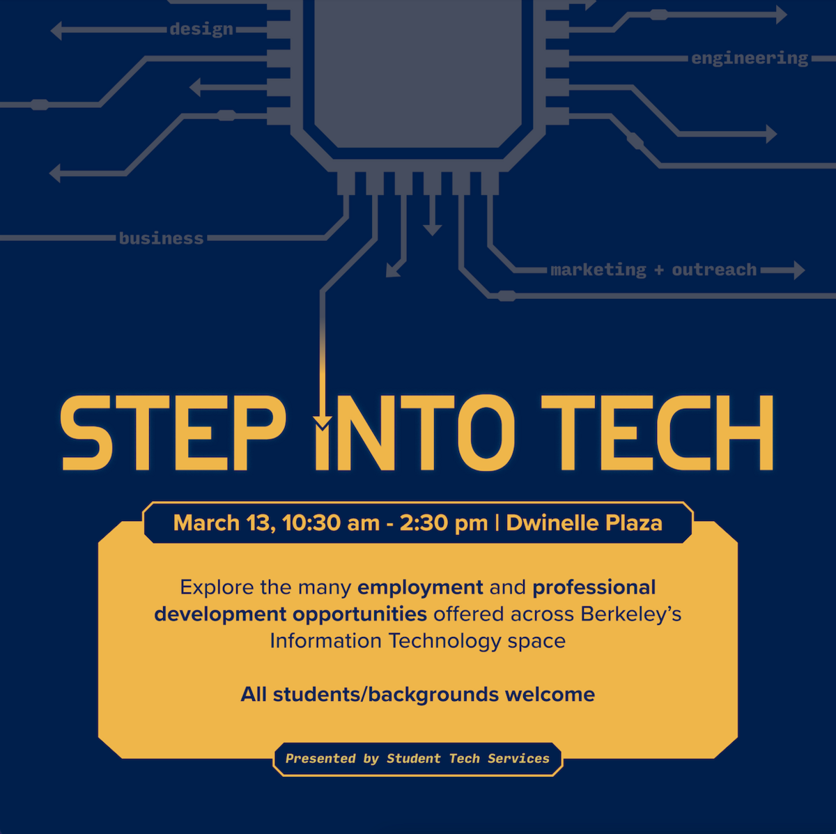 step into tech job fair at dwindle plaza on Wednesday march 13, 2024 from 10:30 a.m. to 2:30 p.m.