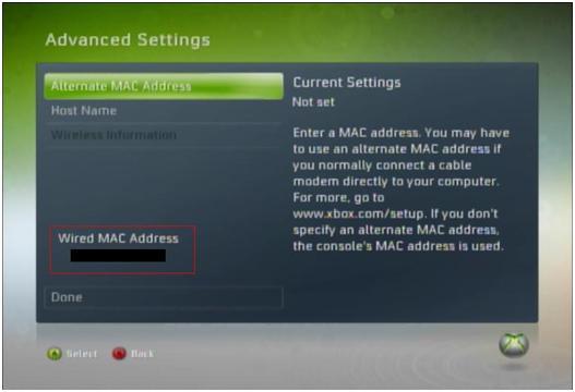 what is mac address for xbox 360